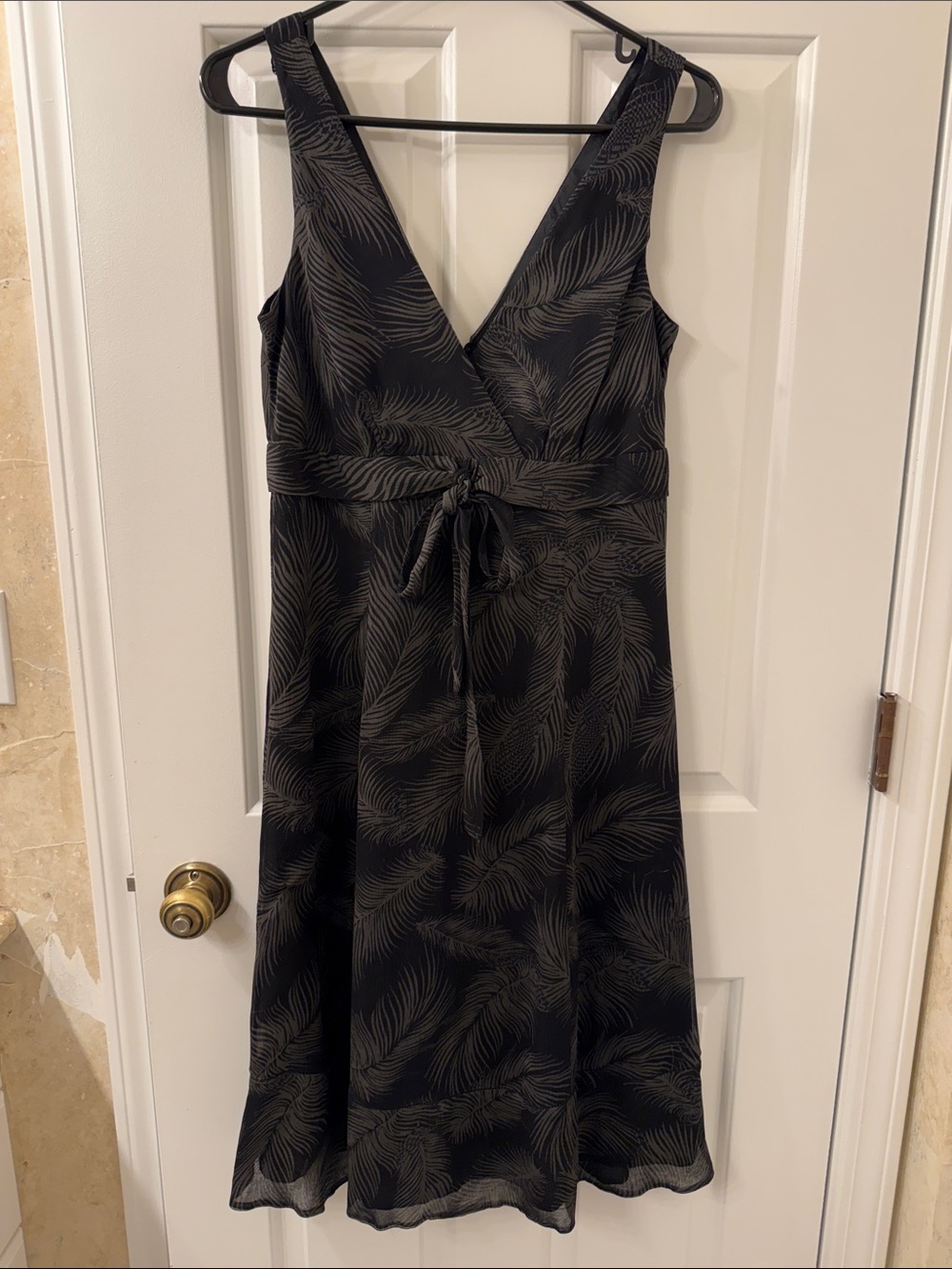 J. Crew Black Palm-Print V-Neck Tie-Waist Midi Dress